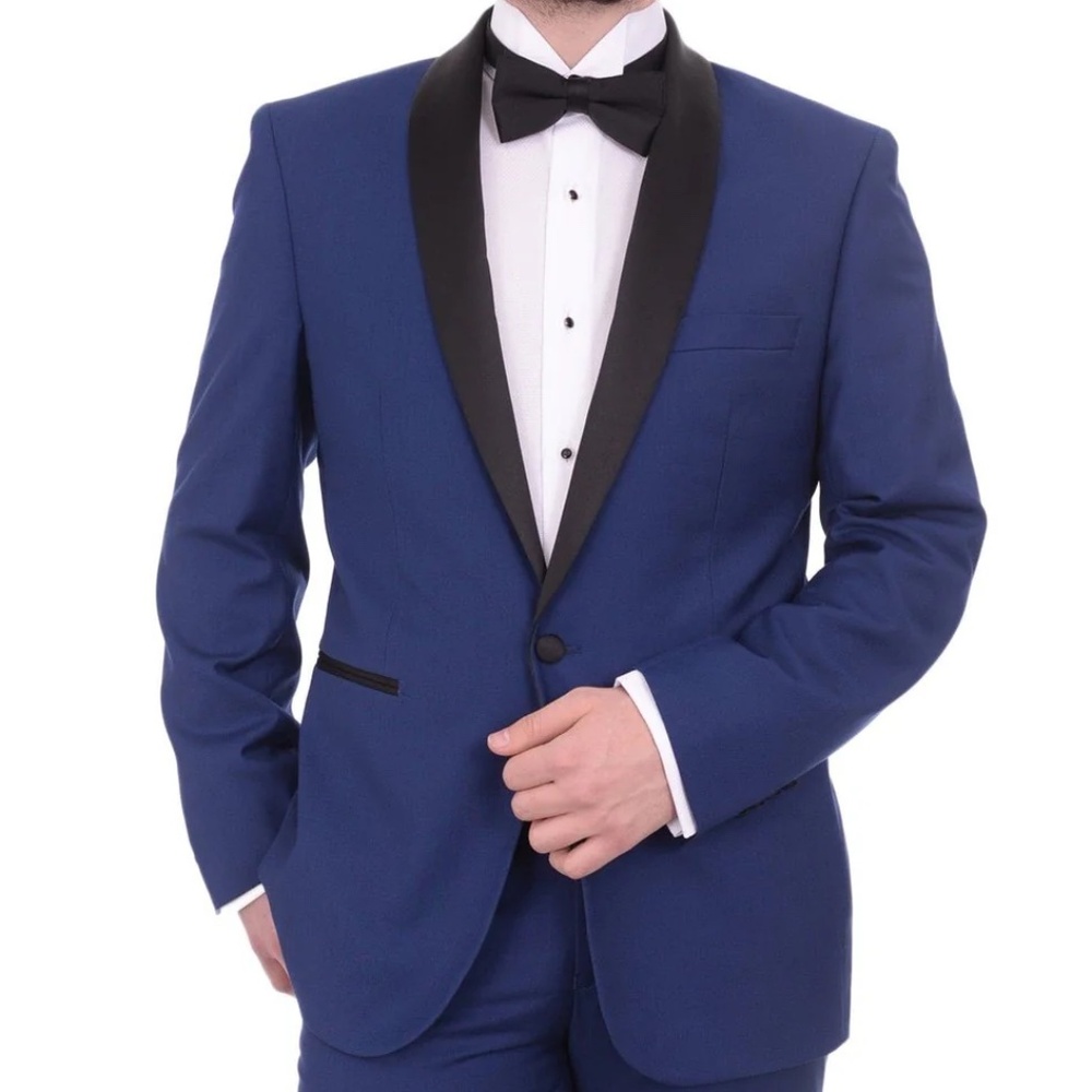 Gino Vitale Slim Fit Indigo Blue One Button Tuxedo Blazer with Satin Shawl Lapel